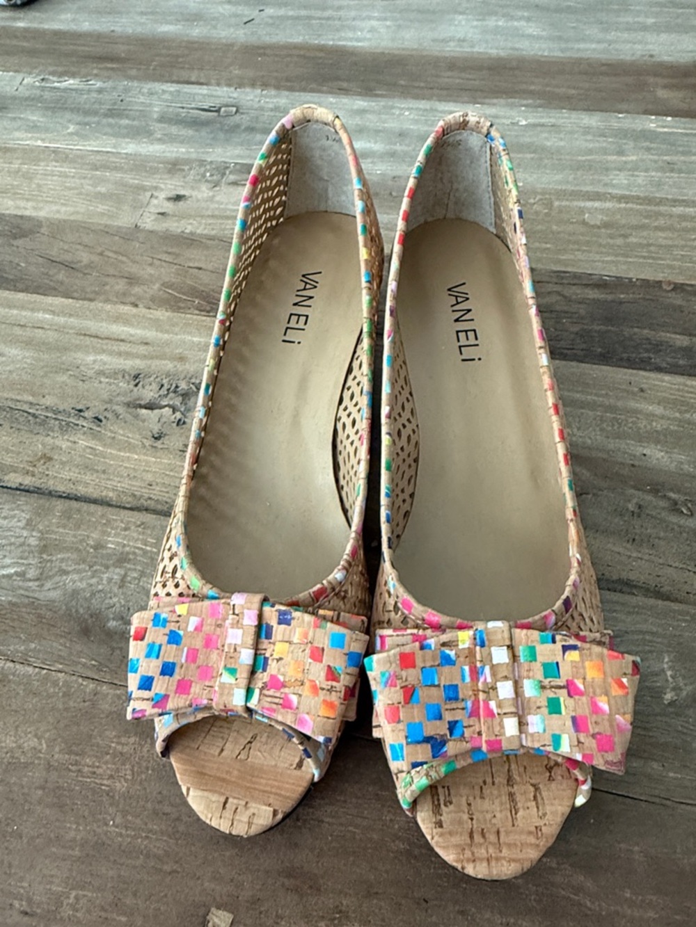 Vaneli Cork Peep-Toe Flats with Multicolor Bow Accents
